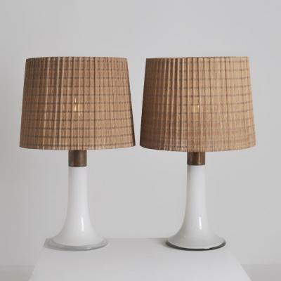 Lisa Johansson Pape Lisa Johansson Pape Pair of Table Lamps Opal Glass Copper Rattan Orno 1960s