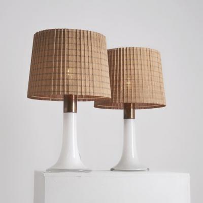 Lisa Johansson Pape Lisa Johansson Pape Pair of Table Lamps Opal Glass Copper Rattan Orno 1960s