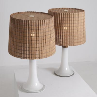 Lisa Johansson Pape Lisa Johansson Pape Pair of Table Lamps Opal Glass Copper Rattan Orno 1960s