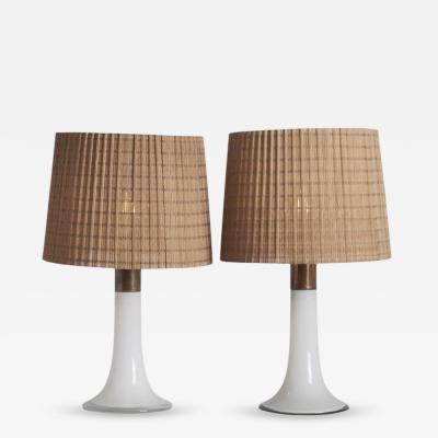 Lisa Johansson Pape Lisa Johansson Pape Pair of Table Lamps Opal Glass Copper Rattan Orno 1960s