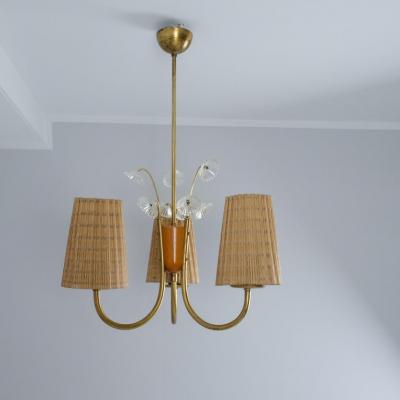 Lisa Johansson Pape Lisa Johansson Pape Pendant in Brass Birch Rattan Glass Flowers Orno 1950s