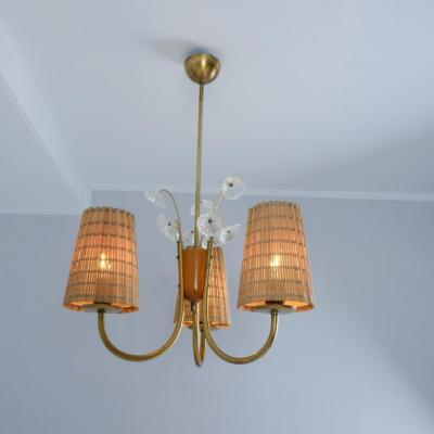 Lisa Johansson Pape Lisa Johansson Pape Pendant in Brass Birch Rattan Glass Flowers Orno 1950s