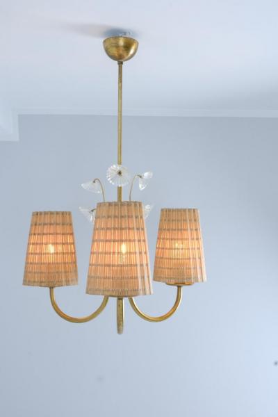 Lisa Johansson Pape Lisa Johansson Pape Pendant in Brass Birch Rattan Glass Flowers Orno 1950s