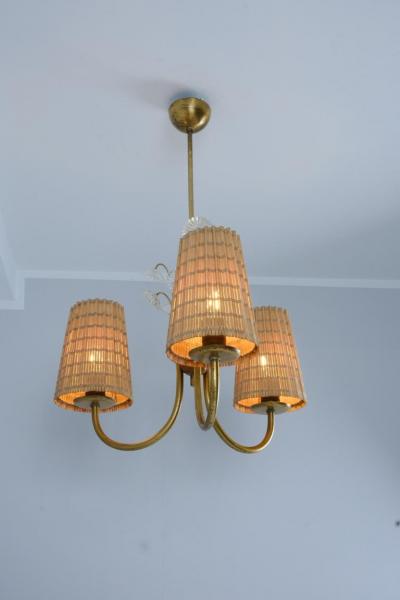 Lisa Johansson Pape Lisa Johansson Pape Pendant in Brass Birch Rattan Glass Flowers Orno 1950s