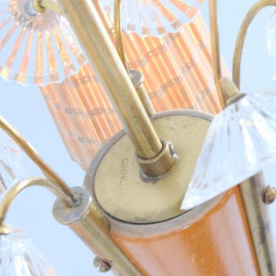 Lisa Johansson Pape Lisa Johansson Pape Pendant in Brass Birch Rattan Glass Flowers Orno 1950s