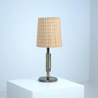 Lisa Johansson Pape Lisa Johansson Pape Table Lamp Model 2053 in Brass and Rattan Orno 1940s