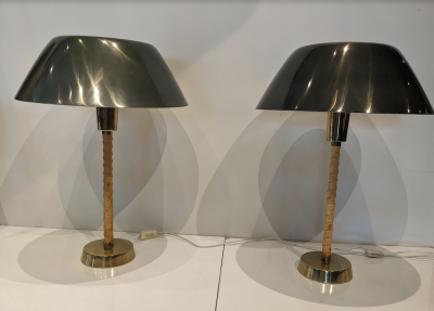 Lisa Johansson Pape Lisa Johansson Pape for Orno Pair of Vintage Table Lamps in Brass and Leather