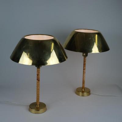 Lisa Johansson Pape Pair Of Lisa Johansson Pape Ihanne Table Lamps in Brass Leather Orno 1950s