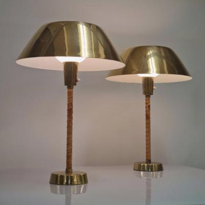 Lisa Johansson Pape Pair Of Lisa Johansson Pape Ihanne Table Lamps in Brass Leather Orno 1950s