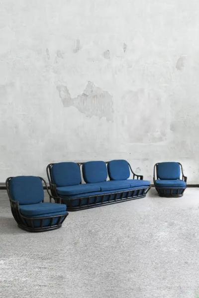 Living Room Set Sofa Pair of Armchairs in Dark Finish Manao Cane 1980s