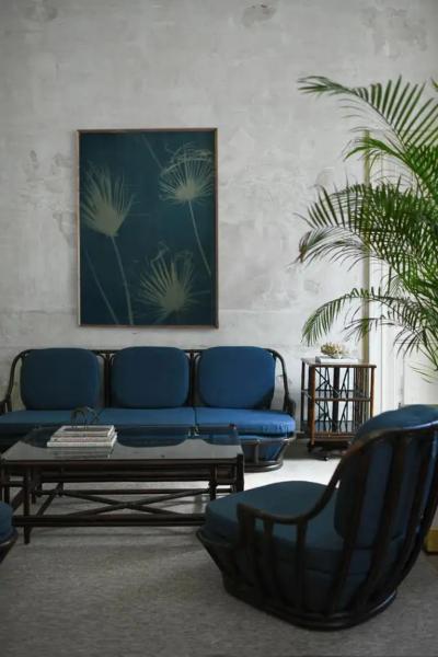 Living Room Set Sofa Pair of Armchairs in Dark Finish Manao Cane 1980s