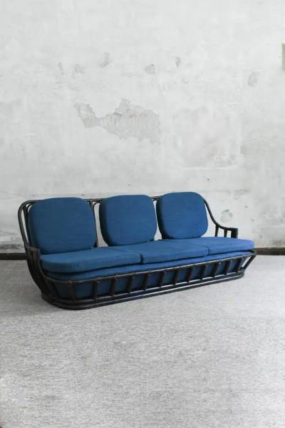 Living Room Set Sofa Pair of Armchairs in Dark Finish Manao Cane 1980s