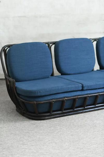 Living Room Set Sofa Pair of Armchairs in Dark Finish Manao Cane 1980s