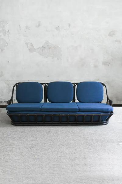 Living Room Set Sofa Pair of Armchairs in Dark Finish Manao Cane 1980s