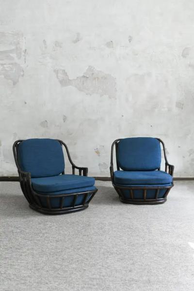 Living Room Set Sofa Pair of Armchairs in Dark Finish Manao Cane 1980s