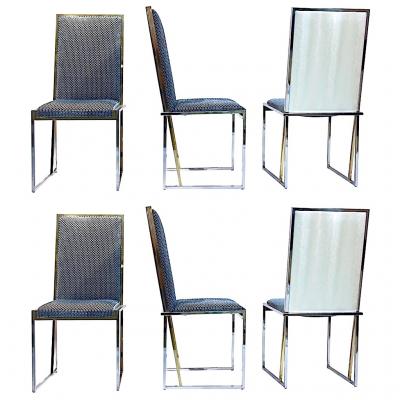 Liwans 1970s Italian Six Brass and Chrome Modern Chairs Blue and White Fabric