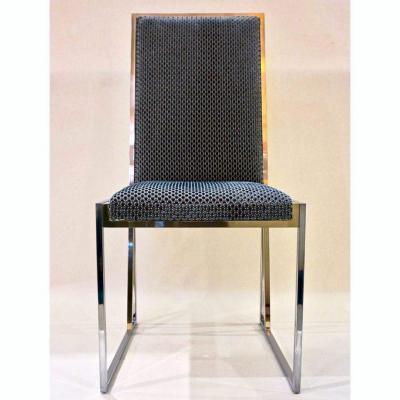 Liwans 1970s Italian Six Brass and Chrome Modern Chairs Blue and White Fabric