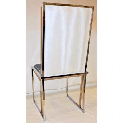 Liwans 1970s Italian Six Brass and Chrome Modern Chairs Blue and White Fabric