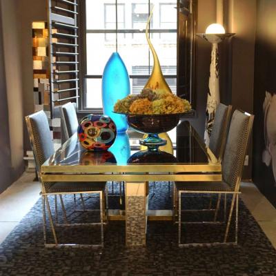 Liwans 1970s Italian Six Brass and Chrome Modern Chairs Blue and White Fabric