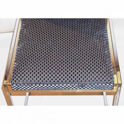 Liwans 1970s Italian Six Brass and Chrome Modern Chairs Blue and White Fabric