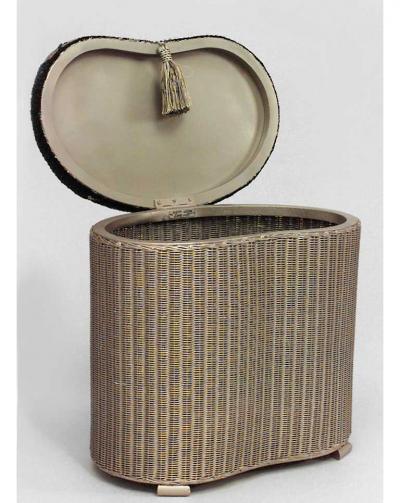 Lloyd Loom English Mid Century gold painted wicker oval shaped bench hamper