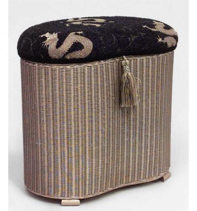 Lloyd Loom English Mid Century gold painted wicker oval shaped bench hamper