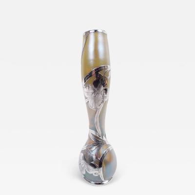 Loetz Tall Art Nouveau Iridescent Vase with Floral Silver Overlay