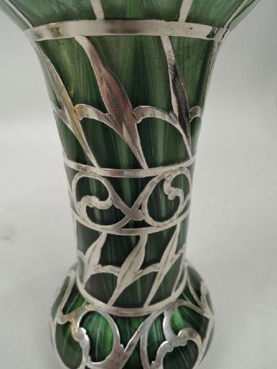 Loetz Titania Art Nouveau Green Silver Overlay Vase