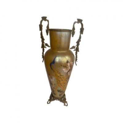 Loetz vase with applied peacock and floral design