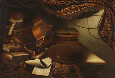 Lombard school of the 18th century still life painting with musical instruments