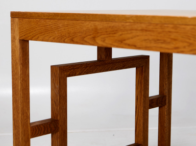 Long Oak Desk Table with Side Geometrical Design