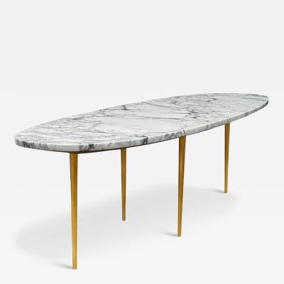 Long Oval Midcentury Italian White Marble Cocktail Table with Gold Stiletto Legs