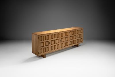Long Spanish Brutalist Panel Cabinet in Oak Spain 1960s
