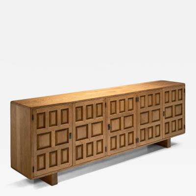 Long Spanish Brutalist Panel Cabinet in Oak Spain 1960s