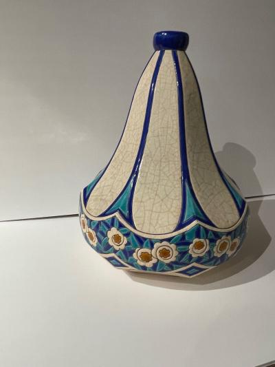 Longwy Longwy Art Deco French Cloisonn Ceramic Geometric Gourd Shape Large Vase