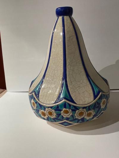 Longwy Longwy Art Deco French Cloisonn Ceramic Geometric Gourd Shape Large Vase