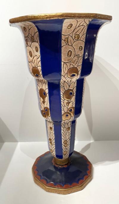 Longwy Longwy Art Deco French Cloisonn Ceramic Vase Stepped with Flowers Grand Size