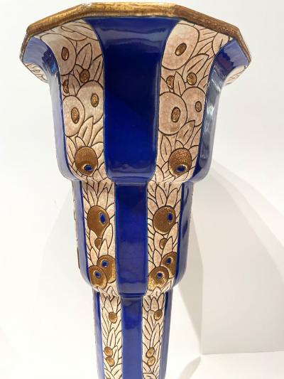 Longwy Longwy Art Deco French Cloisonn Ceramic Vase Stepped with Flowers Grand Size