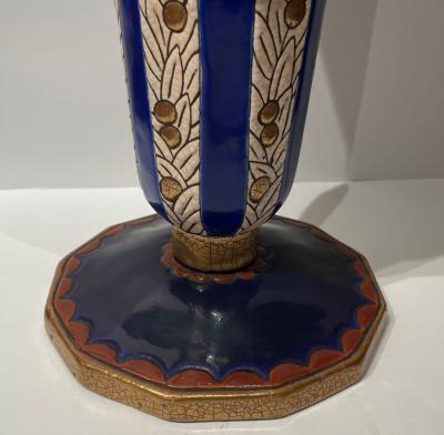 Longwy Longwy Art Deco French Cloisonn Ceramic Vase Stepped with Flowers Grand Size