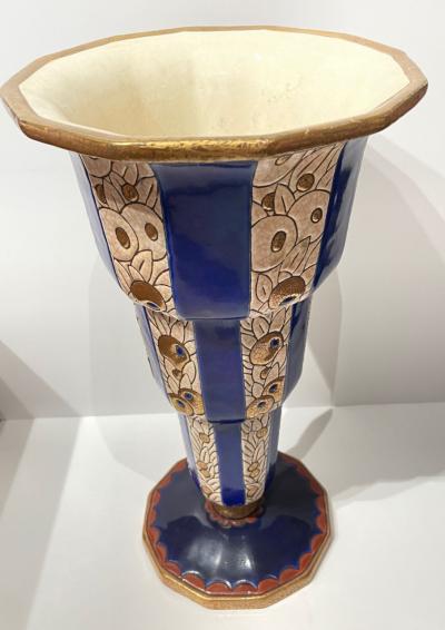Longwy Longwy Art Deco French Cloisonn Ceramic Vase Stepped with Flowers Grand Size