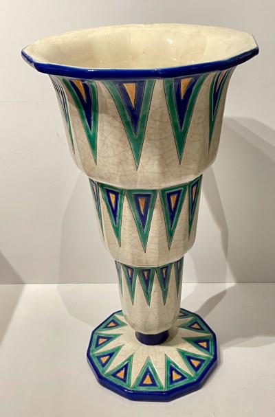 Longwy Longwy Art Deco French Cloisonn Ceramic Vase With Triangles Grand Size