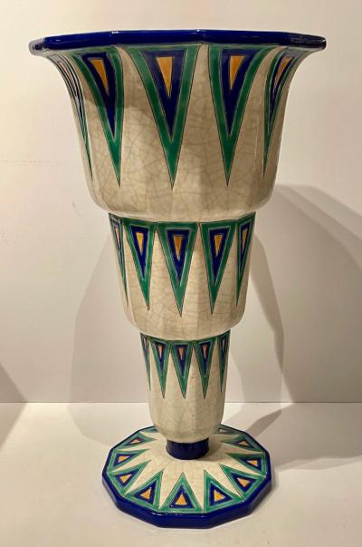 Longwy Longwy Art Deco French Cloisonn Ceramic Vase With Triangles Grand Size