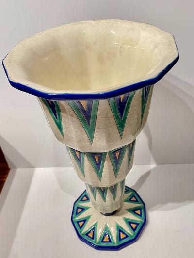 Longwy Longwy Art Deco French Cloisonn Ceramic Vase With Triangles Grand Size