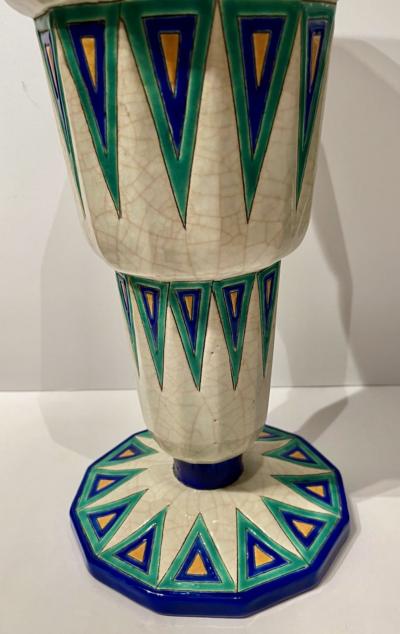 Longwy Longwy Art Deco French Cloisonn Ceramic Vase With Triangles Grand Size