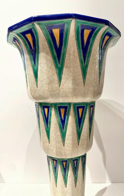 Longwy Longwy Art Deco French Cloisonn Ceramic Vase With Triangles Grand Size