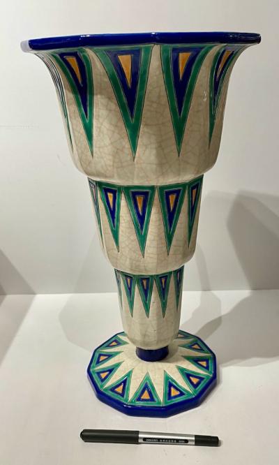 Longwy Longwy Art Deco French Cloisonn Ceramic Vase With Triangles Grand Size