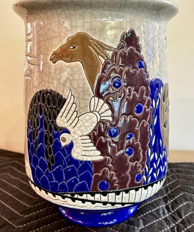Longwy Longwy Primavera Art Deco Cloisonn Vase Alpaca and Bird