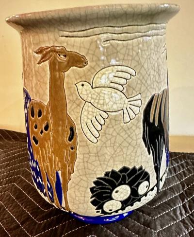 Longwy Longwy Primavera Art Deco Cloisonn Vase Alpaca and Bird
