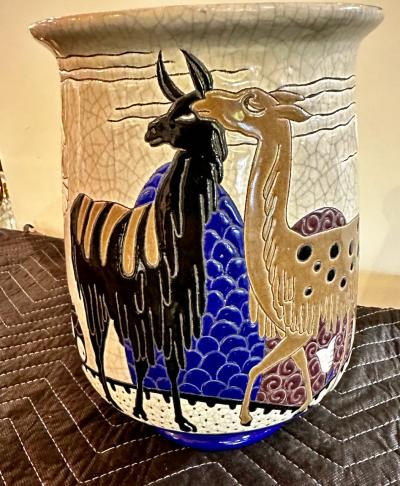 Longwy Longwy Primavera Art Deco Cloisonn Vase Alpaca and Bird