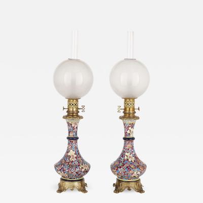 Longwy Pair of French Chinoiserie style faience glass and gilt bronze lamps